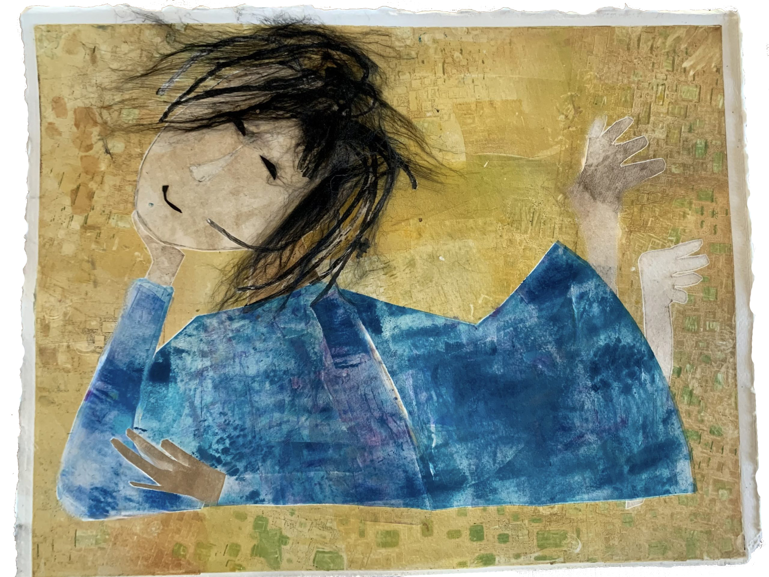 Pensive &ndash; Monoprint/Collage (44 x 54 cm)